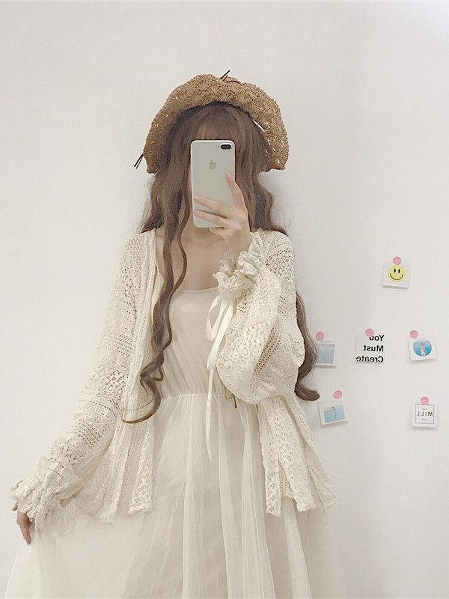 Sugar Girl Apricot Lace V-neck Bell Sleeve Patchwork Women's Polyester Short Cardigans