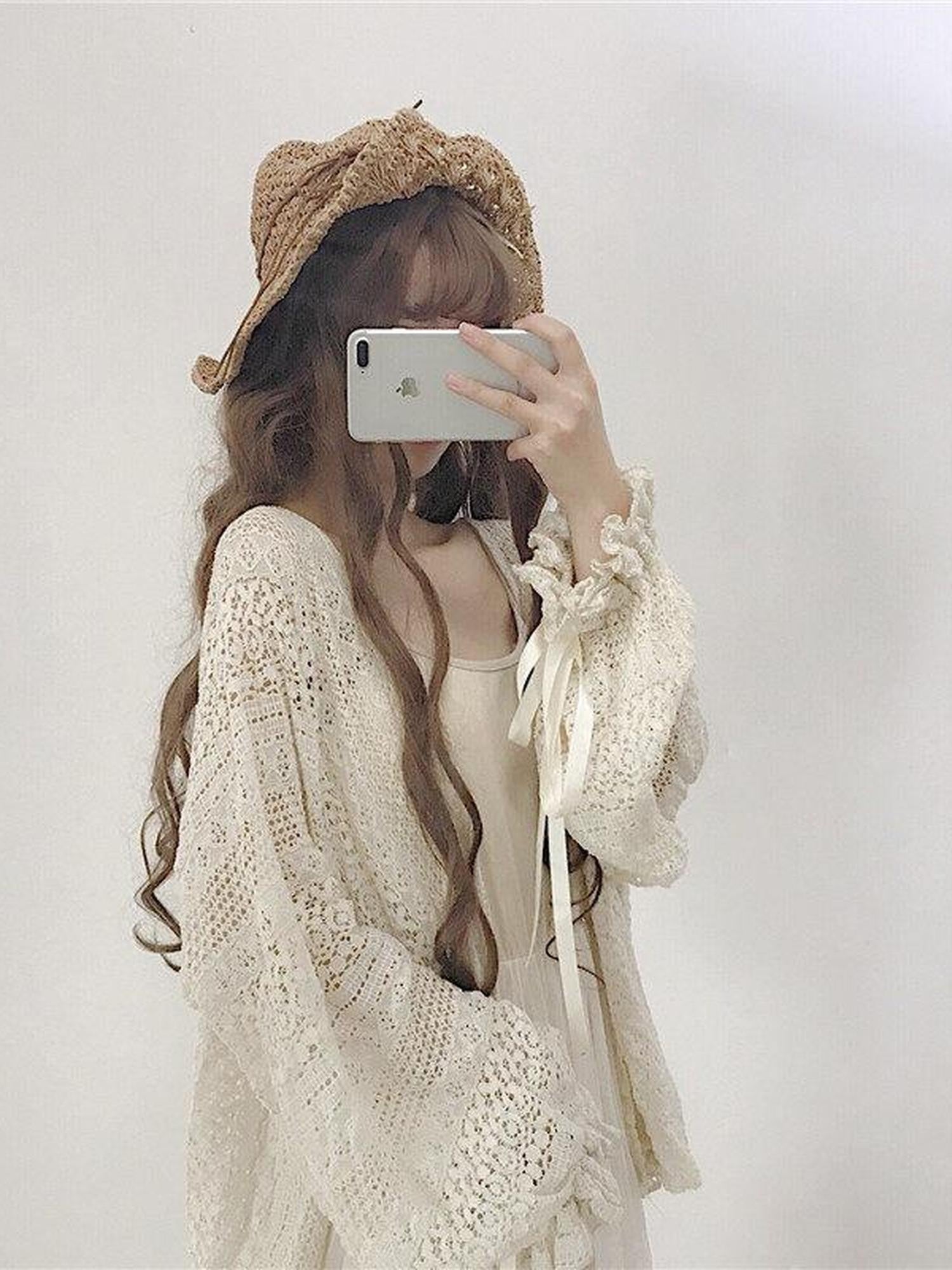 Sugar Girl Apricot Lace V-neck Bell Sleeve Patchwork Women's Polyester Short Cardigans