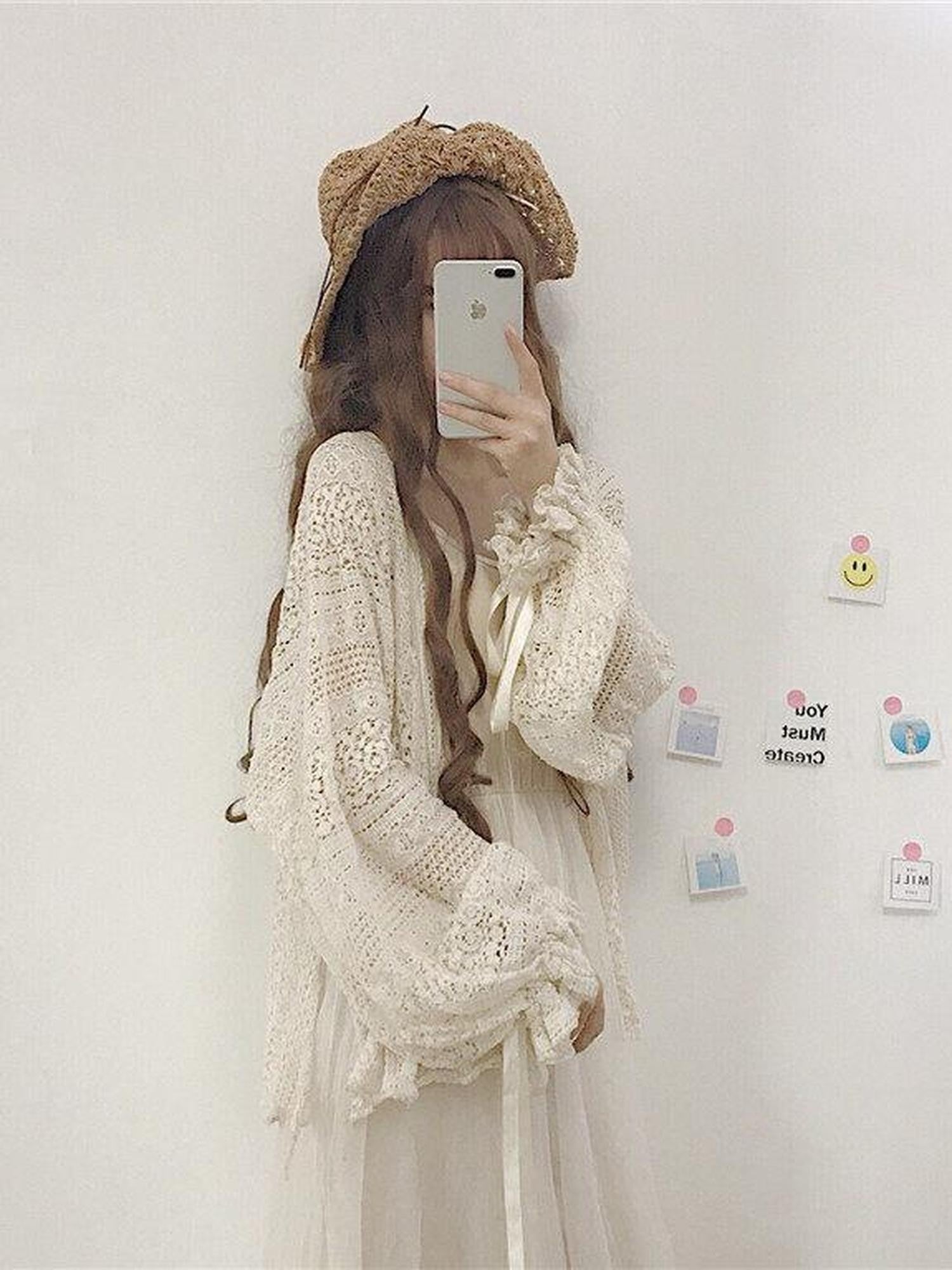 Sugar Girl Apricot Lace V-neck Bell Sleeve Patchwork Women's Polyester Short Cardigans