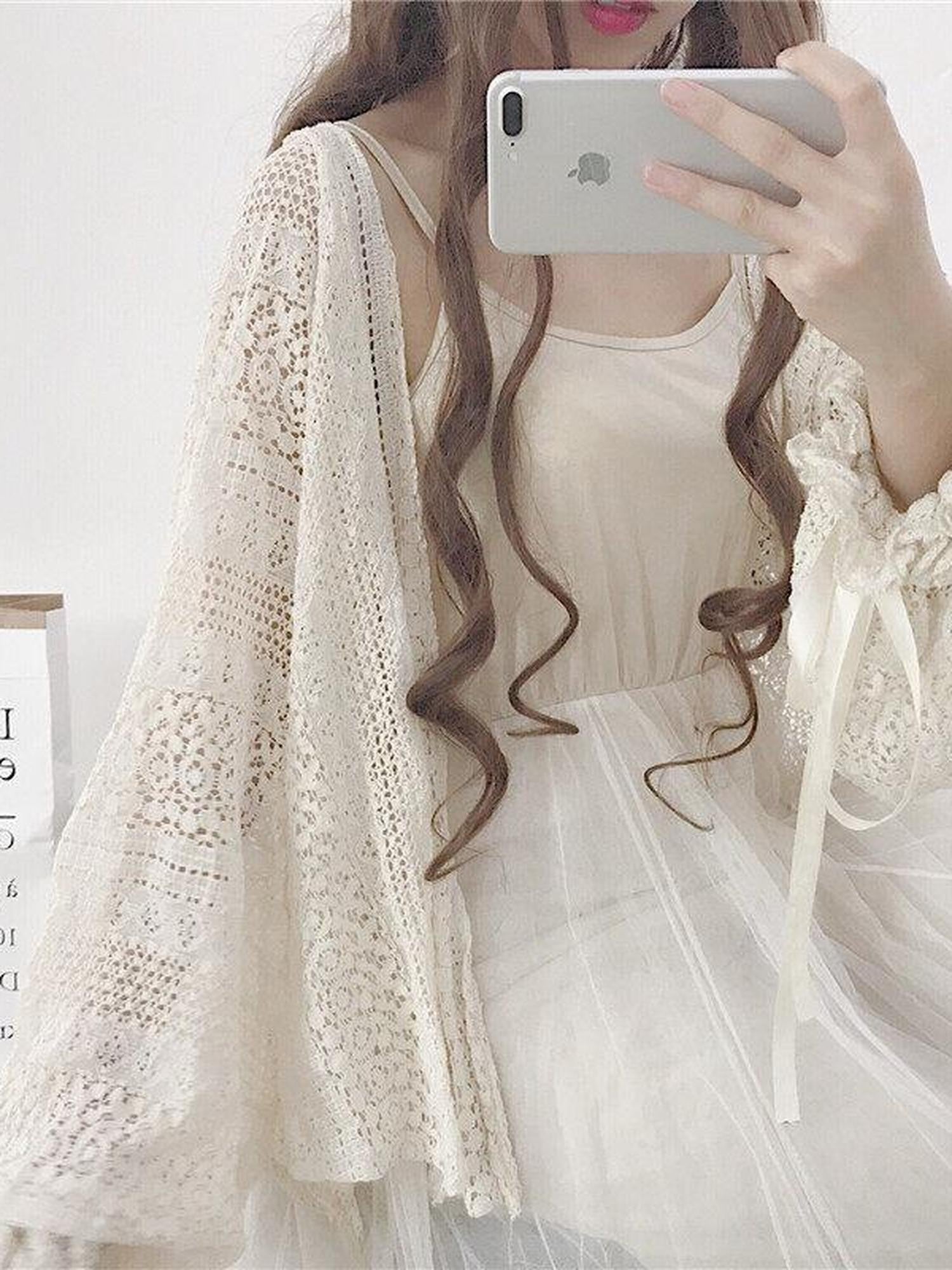 Sugar Girl Apricot Lace V-neck Bell Sleeve Patchwork Women's Polyester Short Cardigans