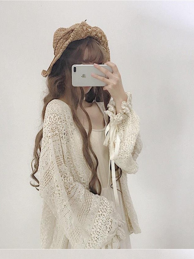 Sugar Girl Apricot Lace V-neck Bell Sleeve Patchwork Women's Polyester Short Cardigans