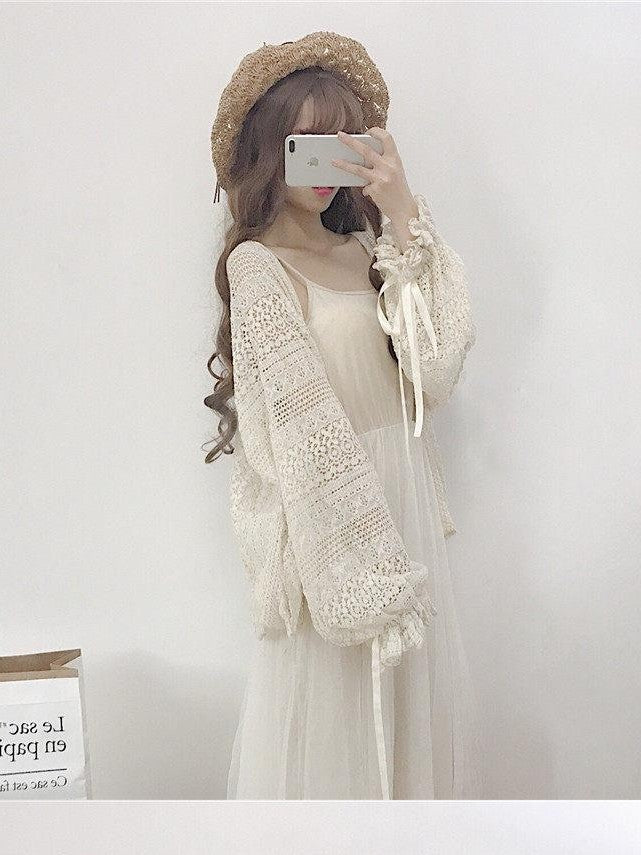 Sugar Girl Apricot Lace V-neck Bell Sleeve Patchwork Women's Polyester Short Cardigans