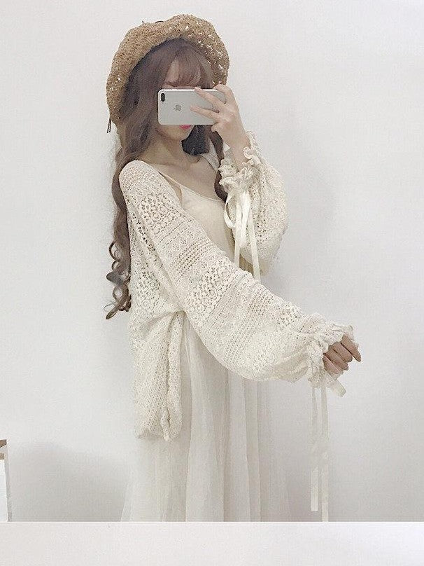 Sugar Girl Apricot Lace V-neck Bell Sleeve Patchwork Women's Polyester Short Cardigans