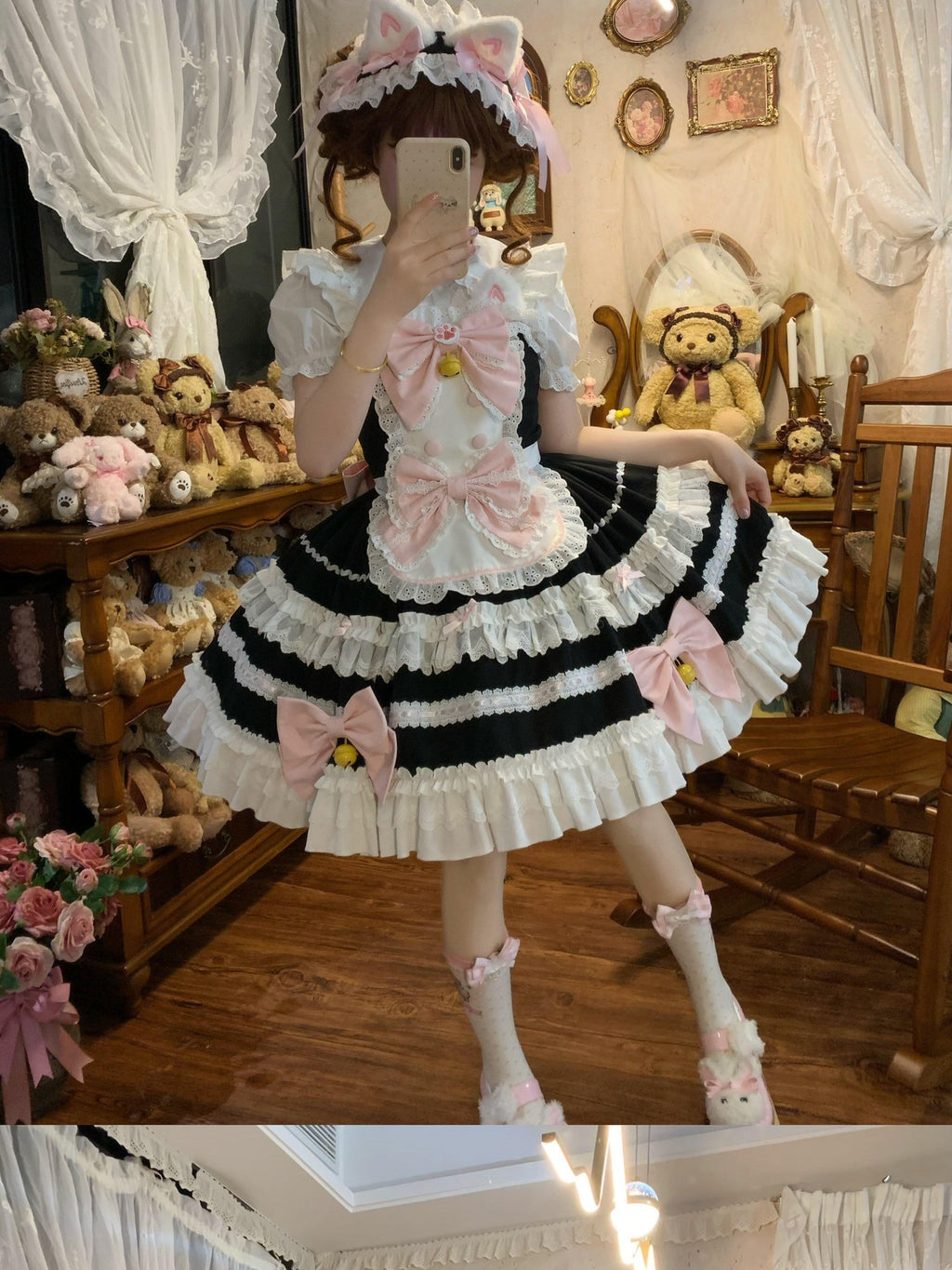 Sugar Girl Apron Back Bow Headband Strap Straight Neckline Women's Jsk / Jumper Skirts