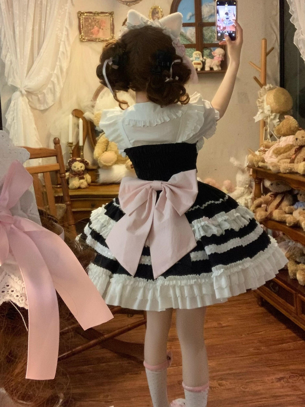 Sugar Girl Apron Back Bow Headband Strap Straight Neckline Women's Jsk / Jumper Skirts