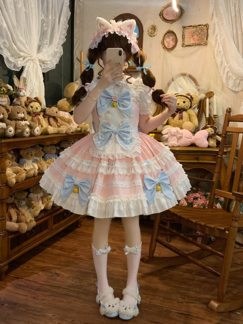 Sugar Girl Apron Back Bow Headband Strap Straight Neckline Women's Jsk / Jumper Skirts