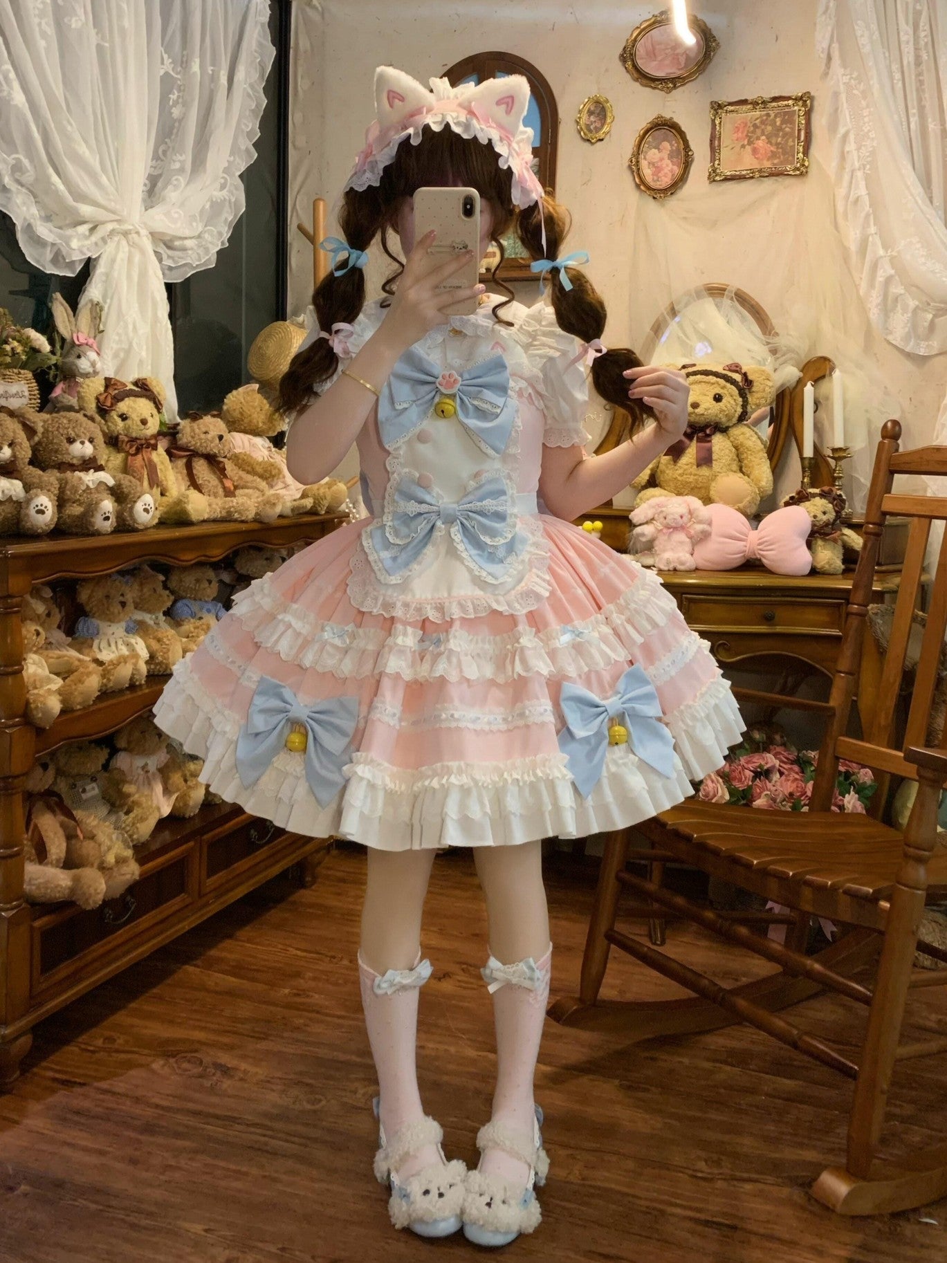 Sugar Girl Apron Back Bow Headband Strap Straight Neckline Women's Jsk / Jumper Skirts