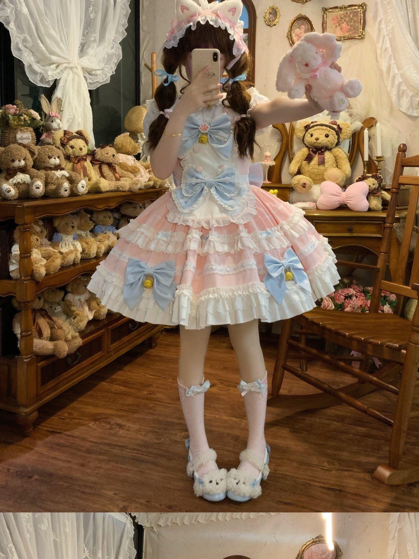 Sugar Girl Apron Back Bow Headband Strap Straight Neckline Women's Jsk / Jumper Skirts