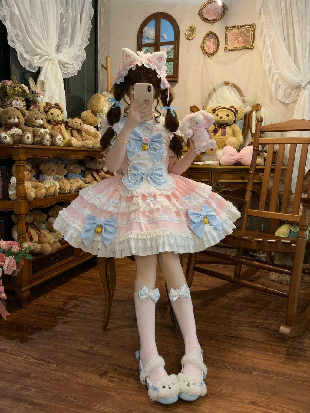 Sugar Girl Apron Back Bow Headband Strap Straight Neckline Women's Jsk / Jumper Skirts