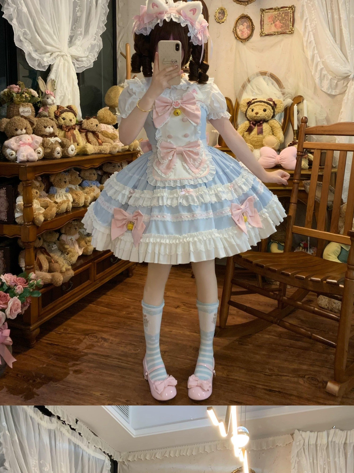 Sugar Girl Apron Back Bow Headband Strap Straight Neckline Women's Jsk / Jumper Skirts