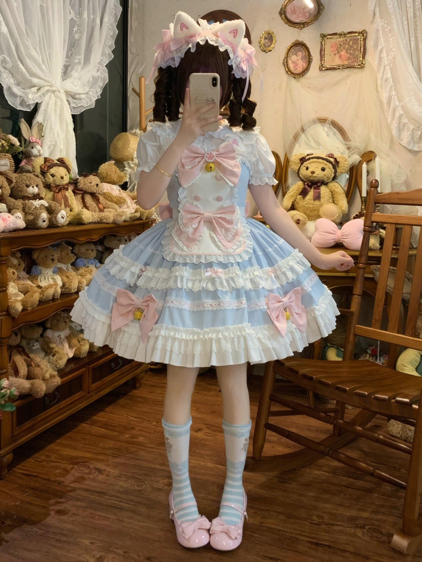 Sugar Girl Apron Back Bow Headband Strap Straight Neckline Women's Jsk / Jumper Skirts