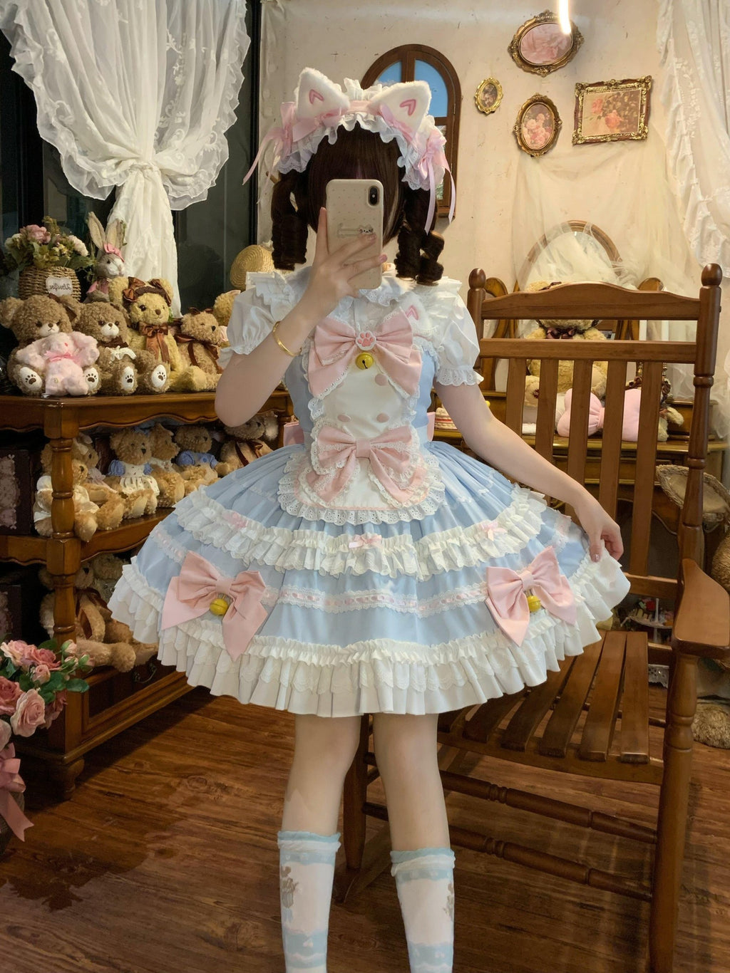 Sugar Girl Apron Back Bow Headband Strap Straight Neckline Women's Jsk / Jumper Skirts