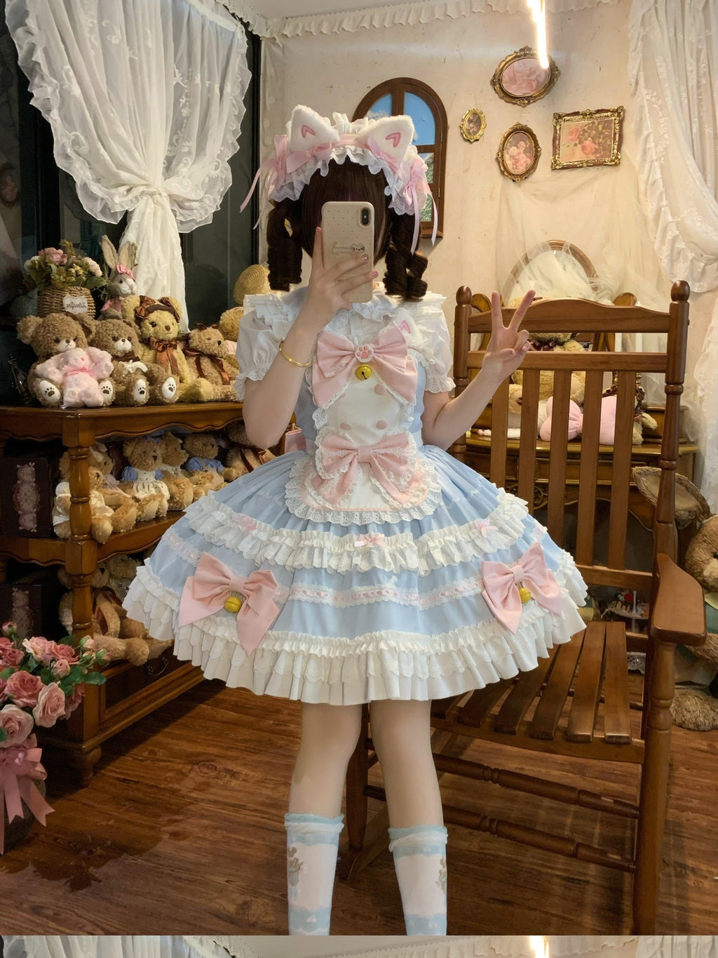 Sugar Girl Apron Back Bow Headband Strap Straight Neckline Women's Jsk / Jumper Skirts