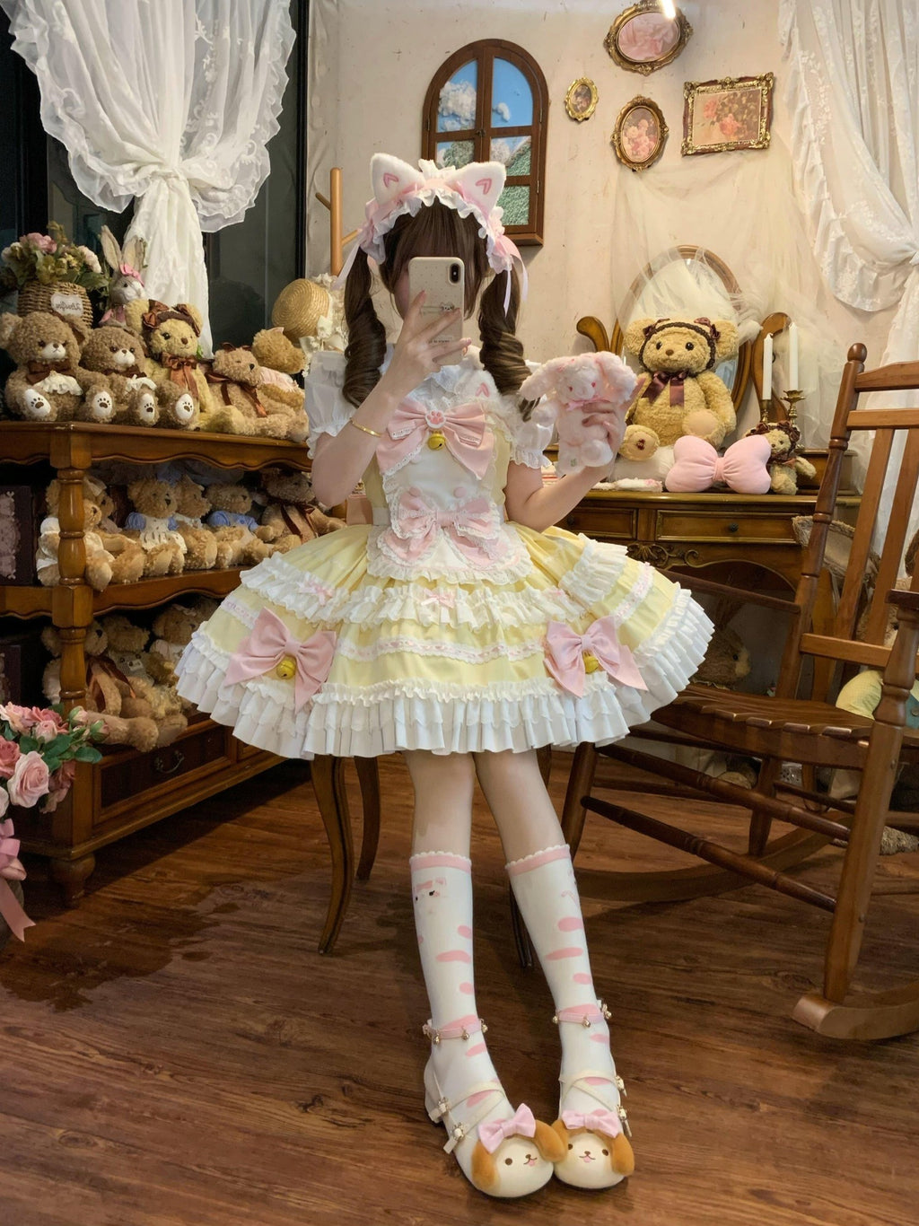 Sugar Girl Apron Back Bow Headband Strap Straight Neckline Women's Jsk / Jumper Skirts