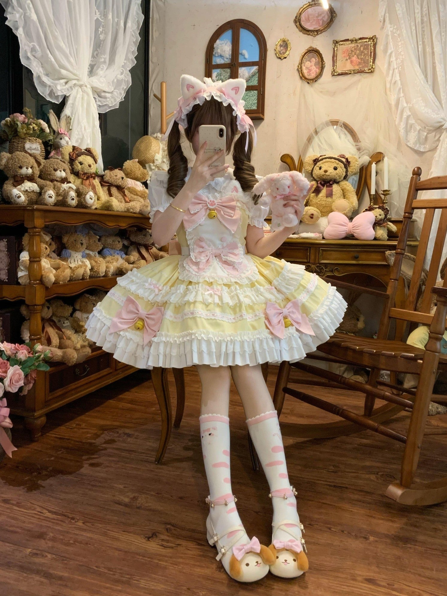Sugar Girl Apron Back Bow Headband Strap Straight Neckline Women's Jsk / Jumper Skirts