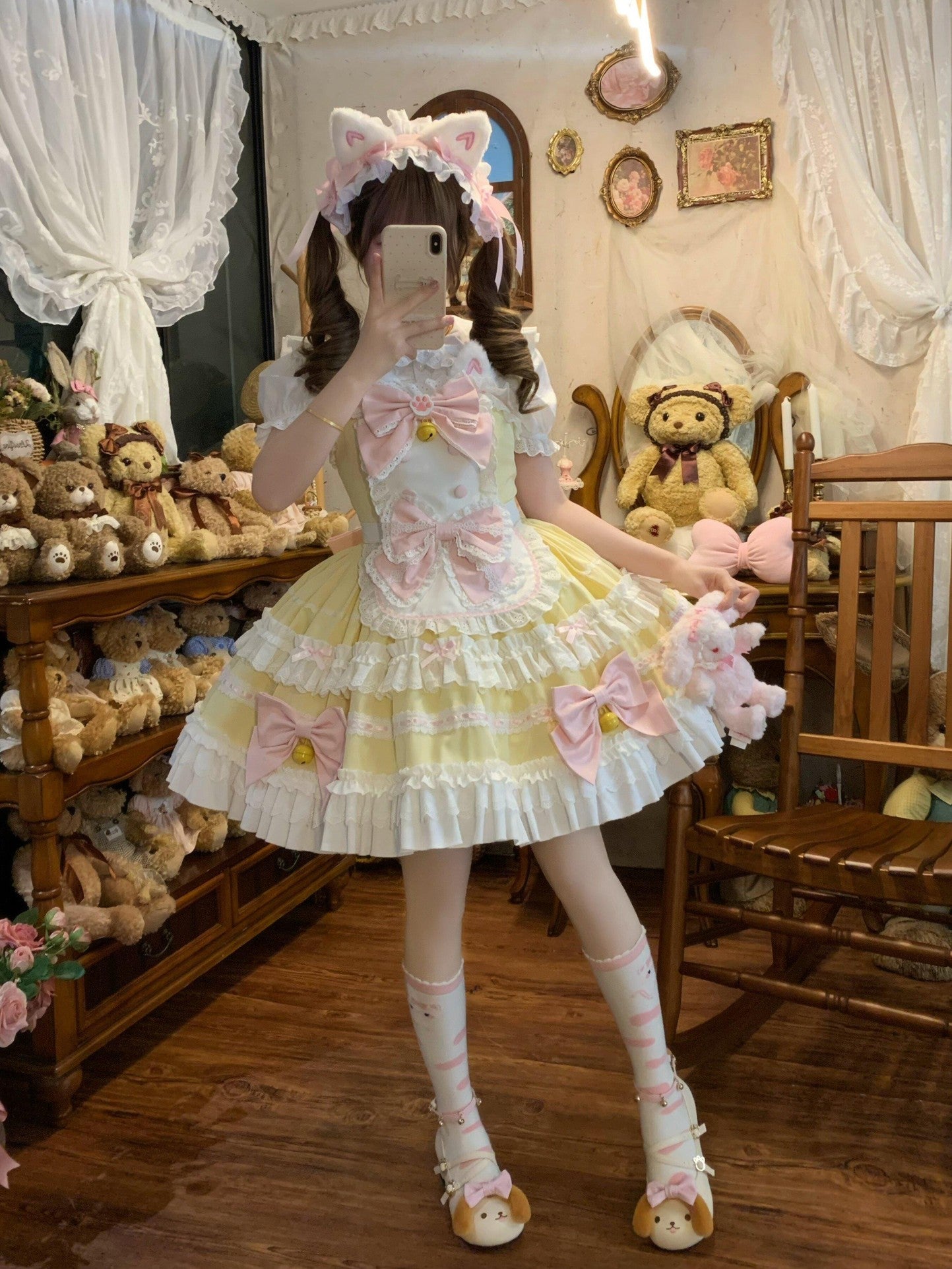 Sugar Girl Apron Back Bow Headband Strap Straight Neckline Women's Jsk / Jumper Skirts