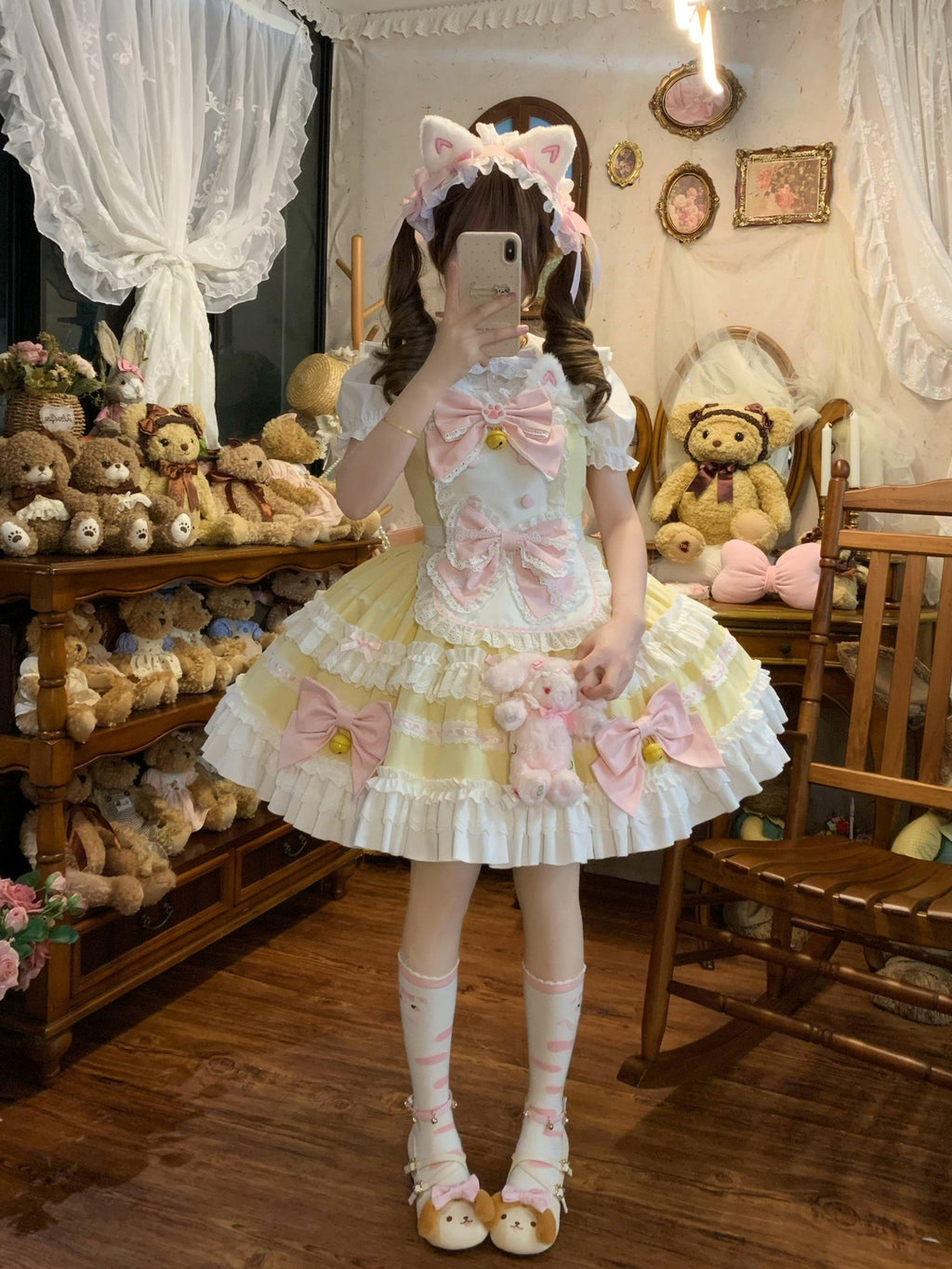 Sugar Girl Apron Back Bow Headband Strap Straight Neckline Women's Jsk / Jumper Skirts