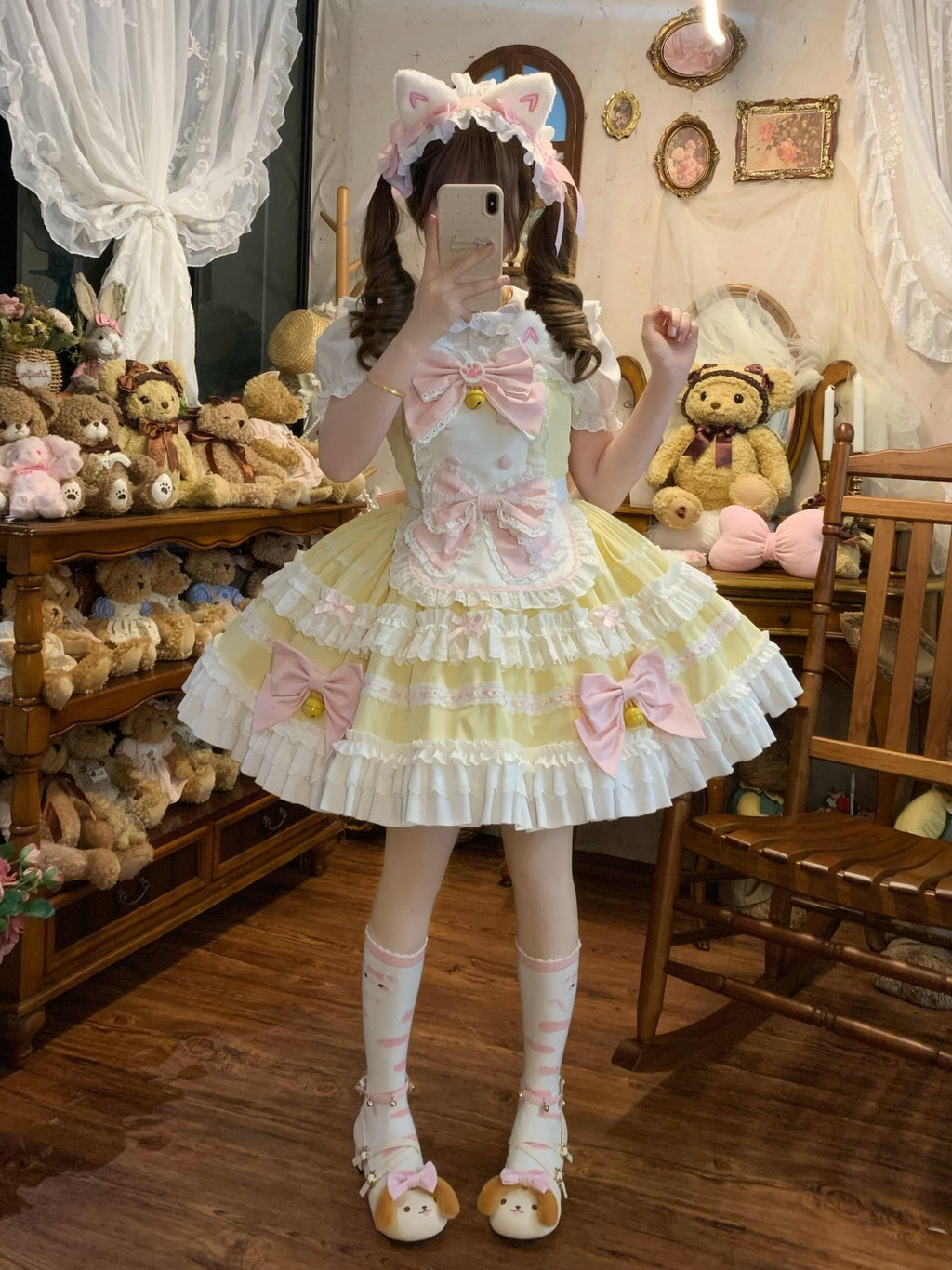 Sugar Girl Apron Back Bow Headband Strap Straight Neckline Women's Jsk / Jumper Skirts