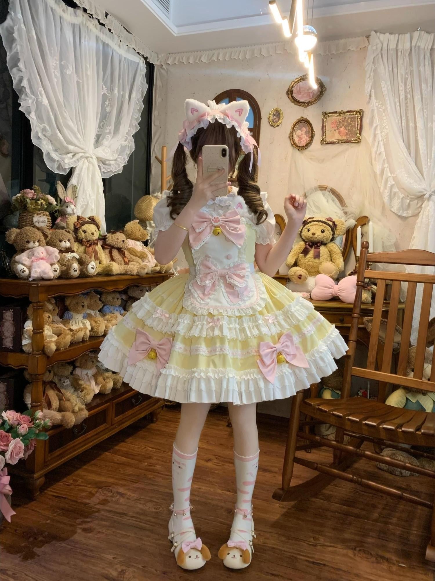 Sugar Girl Apron Back Bow Headband Strap Straight Neckline Women's Jsk / Jumper Skirts