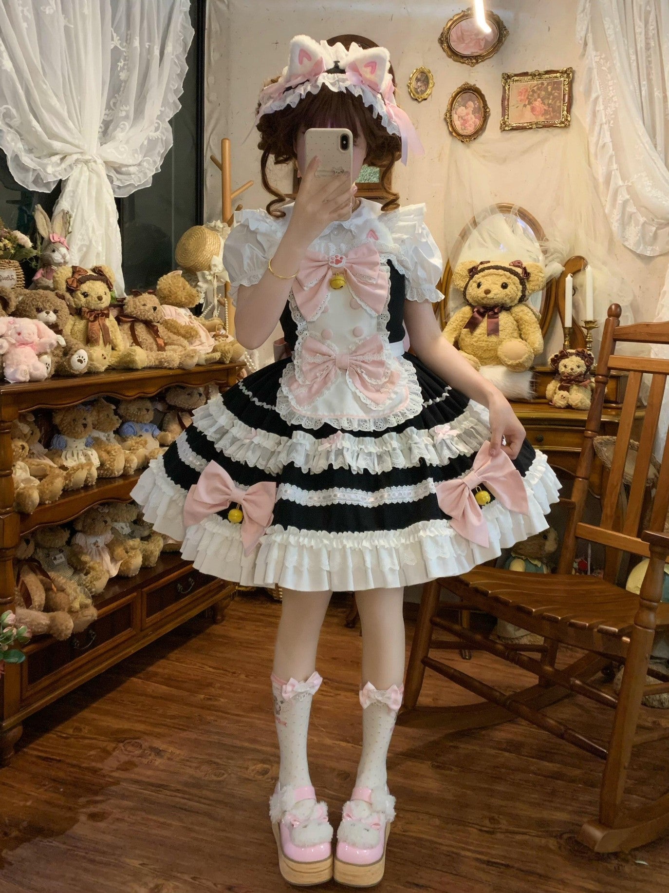 Sugar Girl Apron Back Bow Headband Strap Straight Neckline Women's Jsk / Jumper Skirts