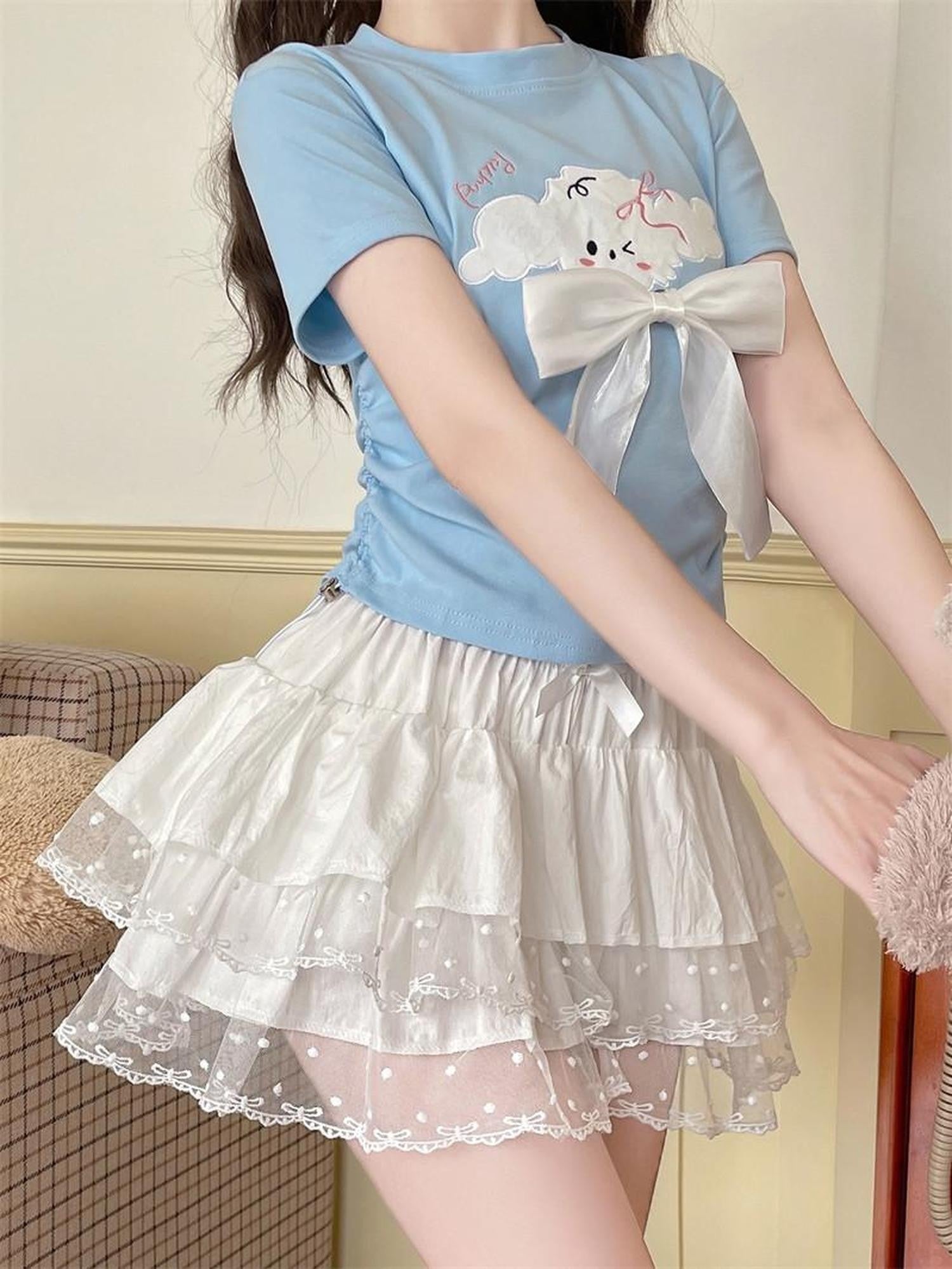 Sugar Girl Ballet Inspired Lace Trim High Waist Puff Women's Lace Skirts
