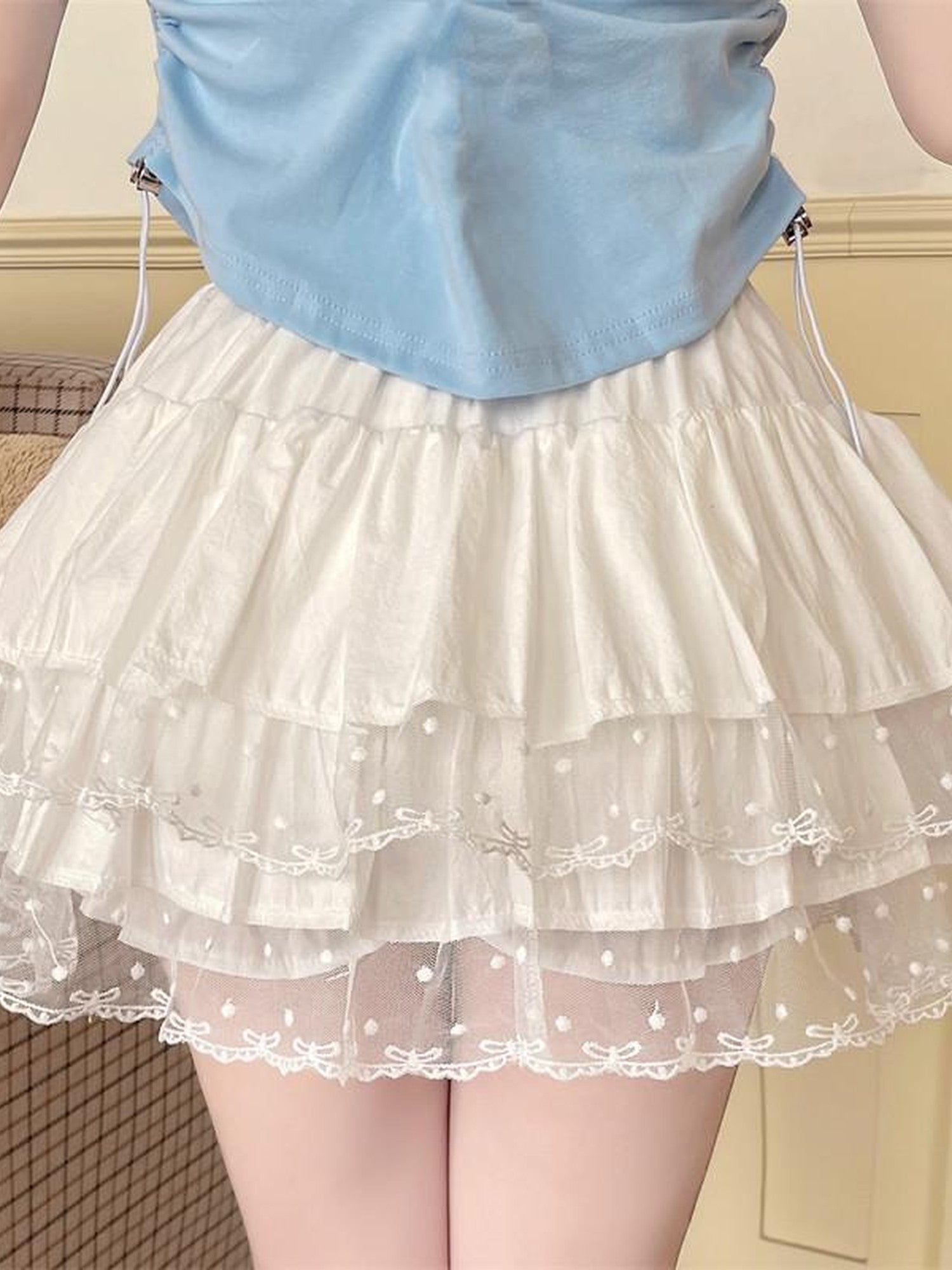 Sugar Girl Ballet Inspired Lace Trim High Waist Puff Women's Lace Skirts