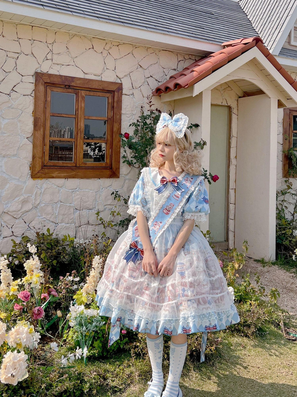 Sugar Girl Bear Print Sailor Collar Lolita Princess A Line Women's Short Sleeve Op