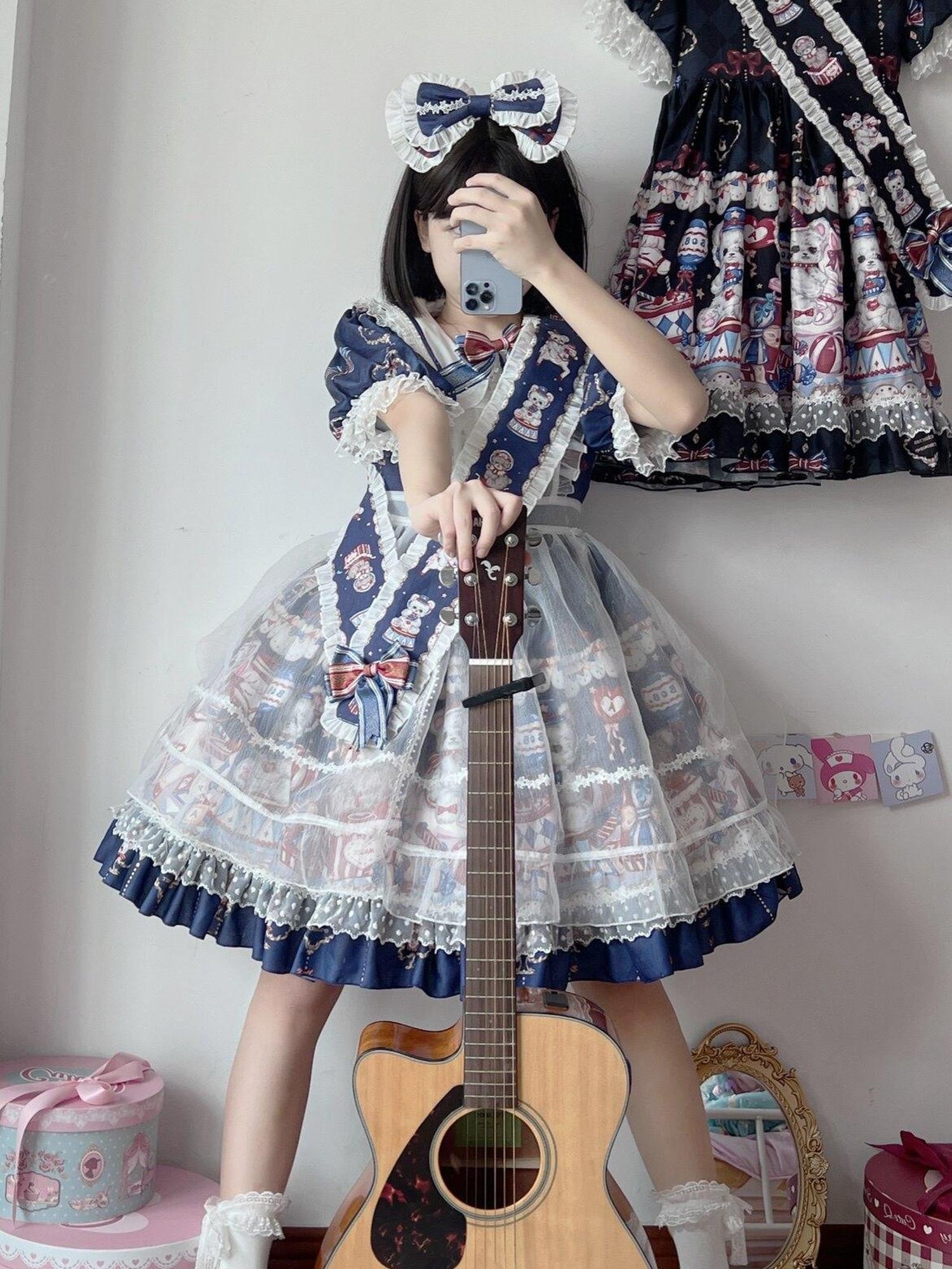 Sugar Girl Bear Print Sailor Collar Lolita Princess A Line Women's Short Sleeve Op