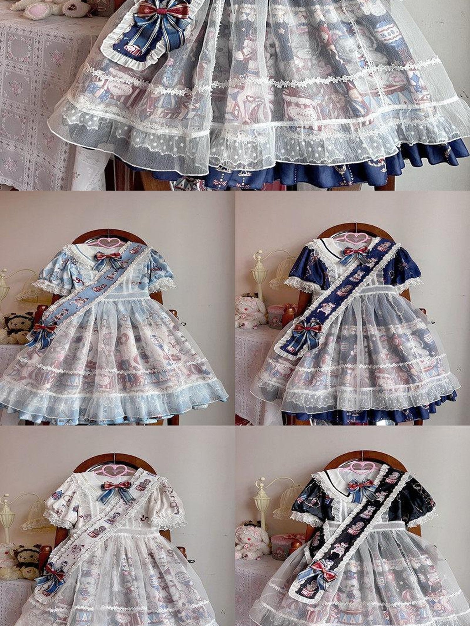 Sugar Girl Bear Print Sailor Collar Lolita Princess A Line Women's Short Sleeve Op