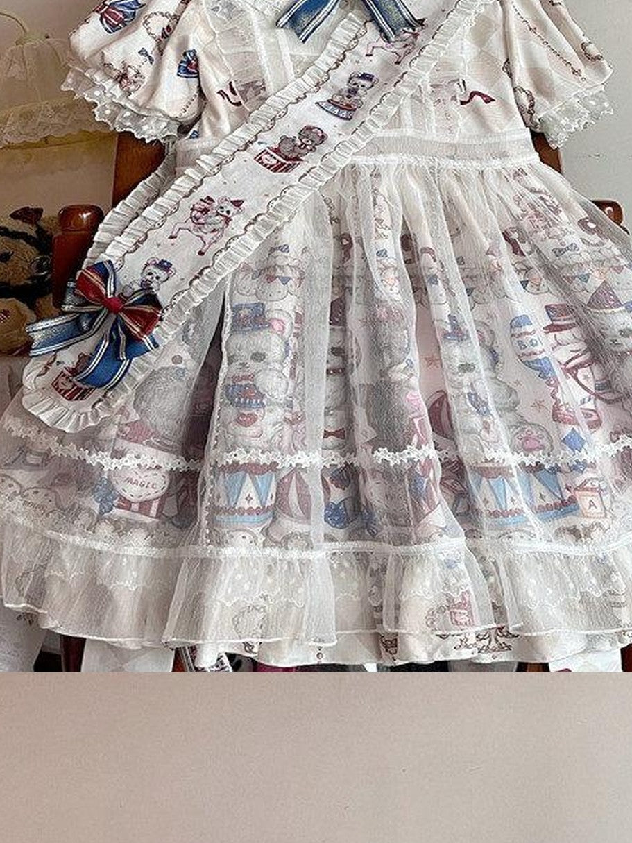 Sugar Girl Bear Print Sailor Collar Lolita Princess A Line Women's Short Sleeve Op