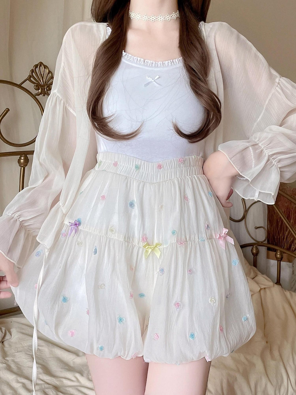Sugar Girl Beige Puff Flower Print Lolita High Waist Women's Viscose A-line Petticoats