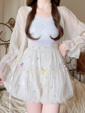 Sugar Girl Beige Puff Flower Print Lolita High Waist Women's Viscose A-line Petticoats
