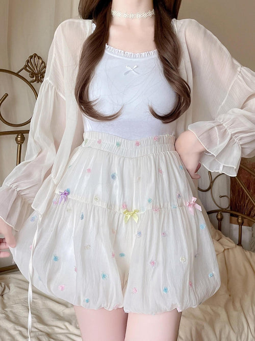 Sugar Girl Beige Puff Flower Print Lolita High Waist Women's Viscose A-line Petticoats