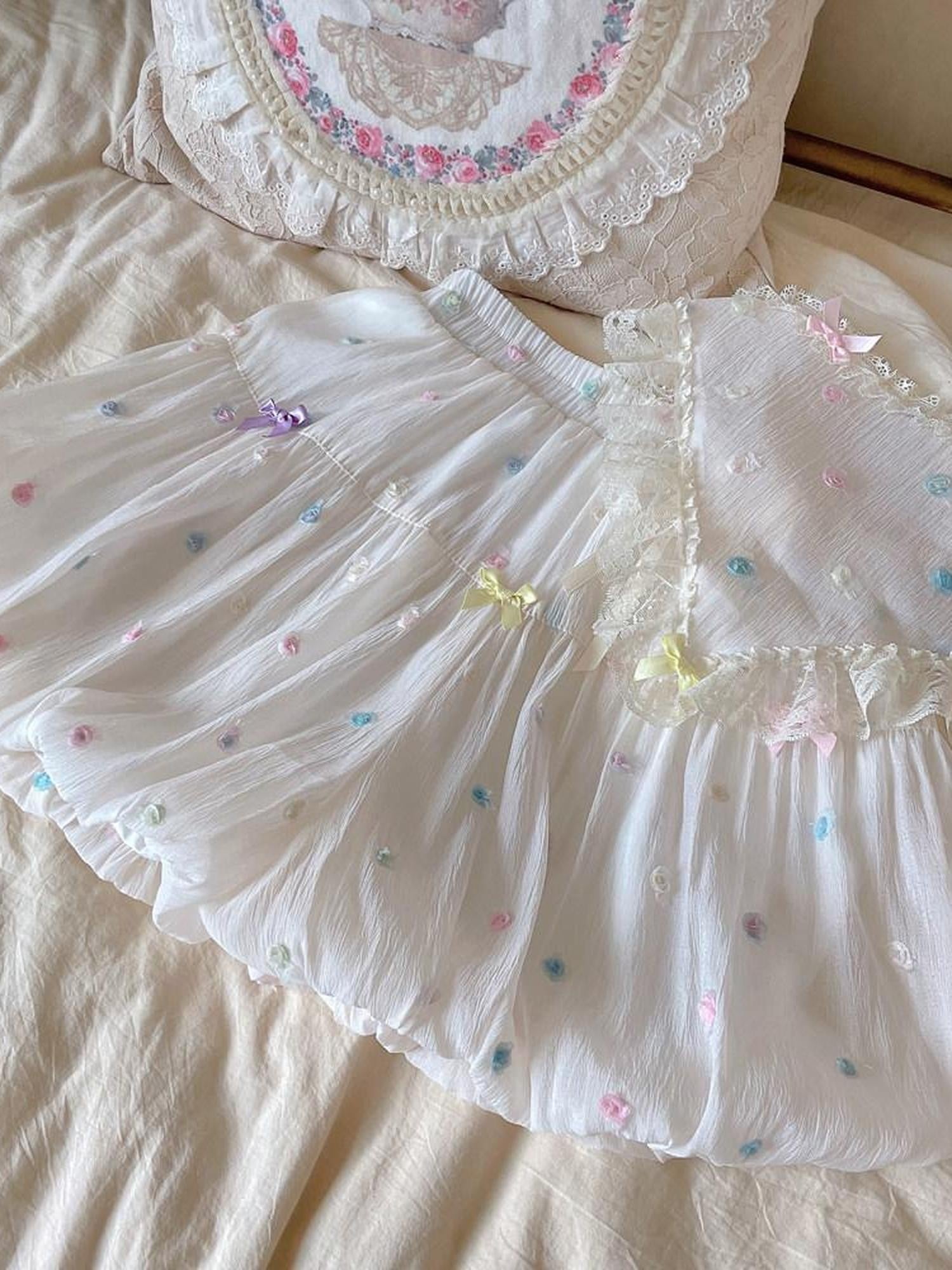 Sugar Girl Beige Puff Flower Print Lolita High Waist Women's Viscose A-line Petticoats