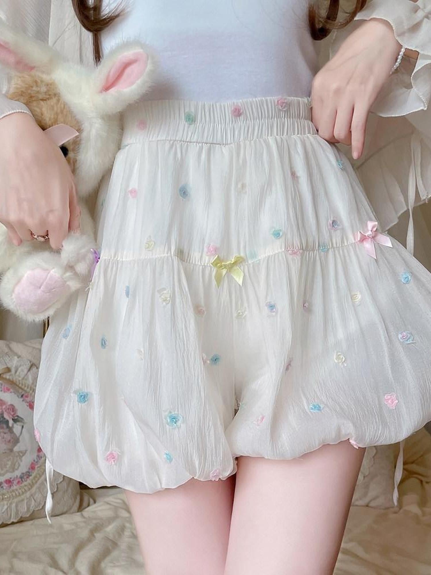 Sugar Girl Beige Puff Flower Print Lolita High Waist Women's Viscose A-line Petticoats