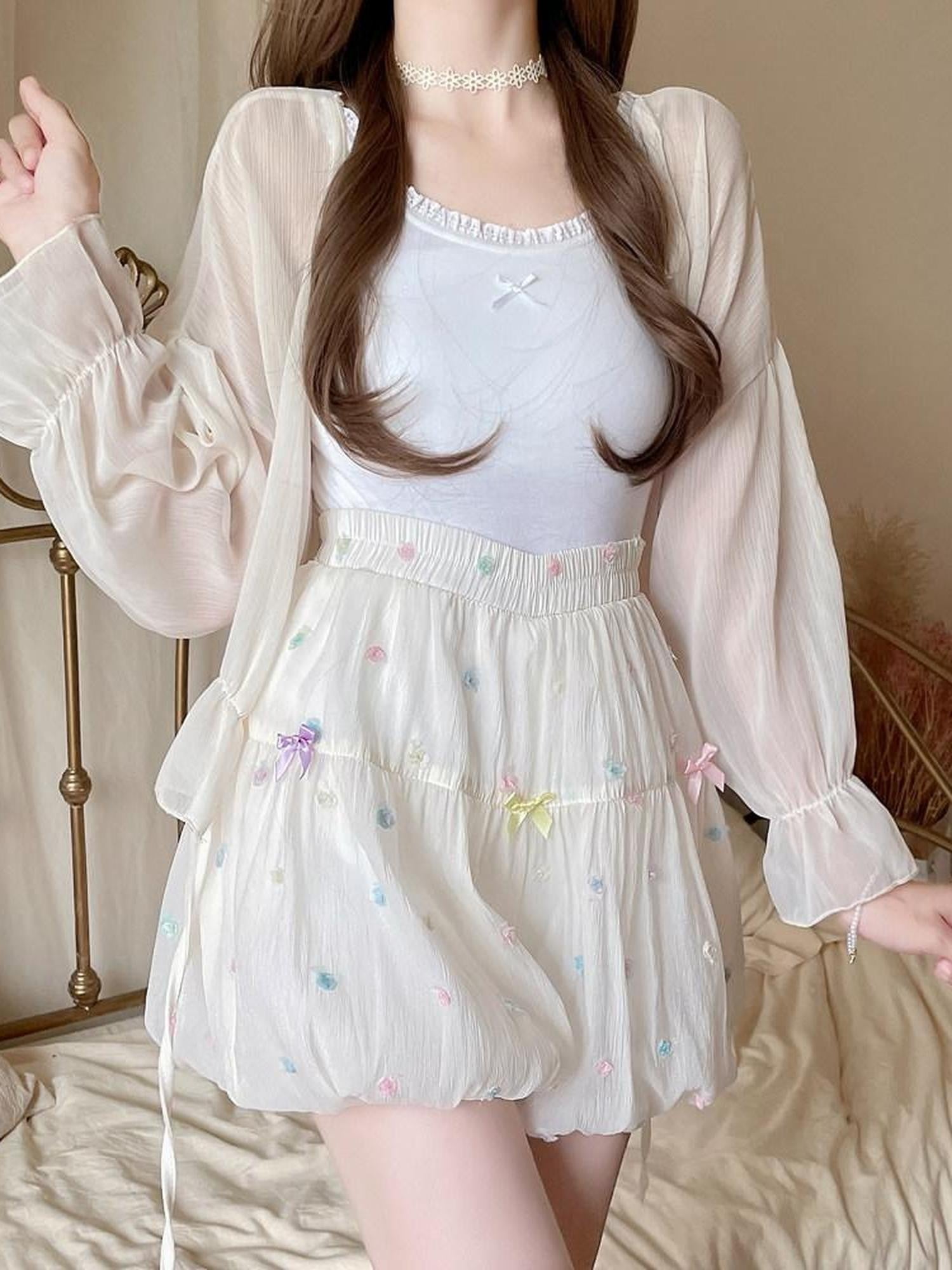 Sugar Girl Beige Puff Flower Print Lolita High Waist Women's Viscose A-line Petticoats