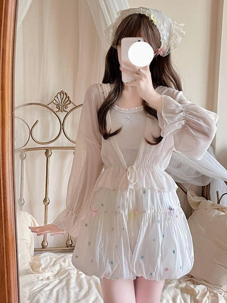 Sugar Girl Beige Puff Flower Print Lolita High Waist Women's Viscose A-line Petticoats