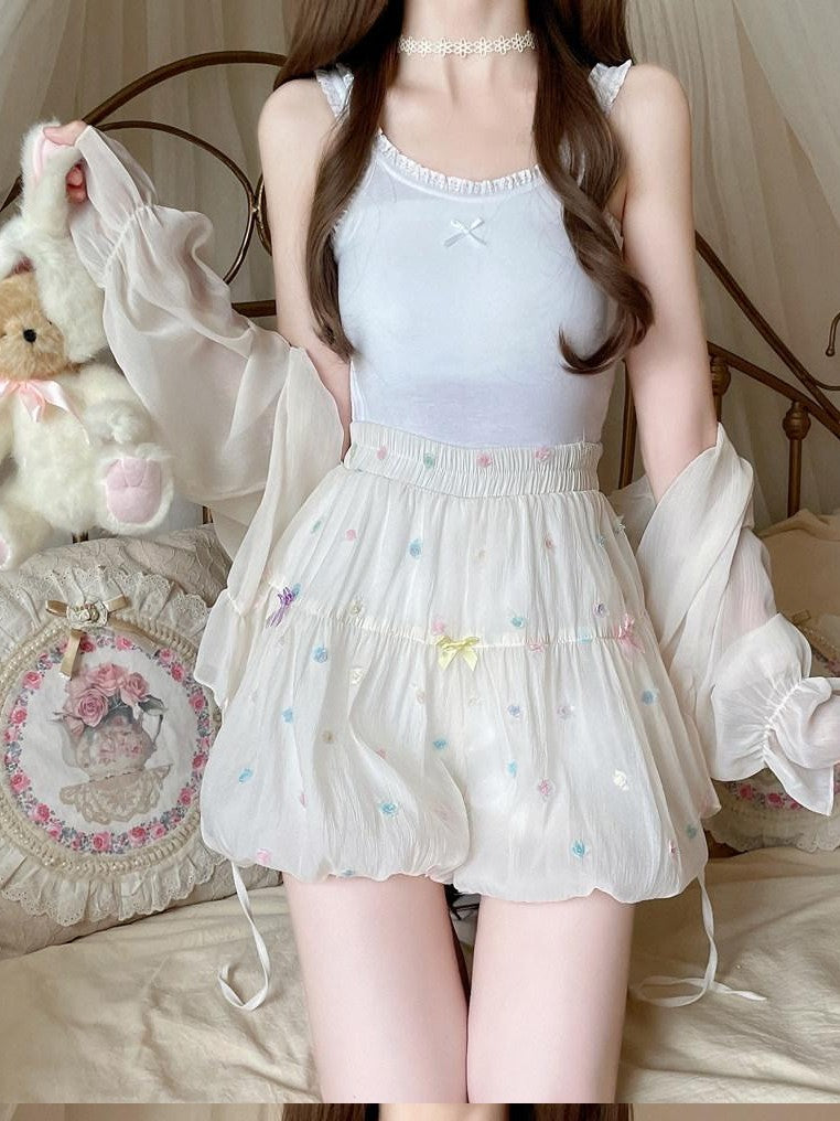Sugar Girl Beige Puff Flower Print Lolita High Waist Women's Viscose A-line Petticoats