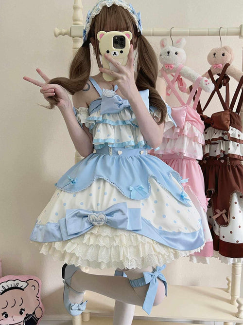 Sugar Girl Cream Tiered Strappy Lolita Back Bow Women's Jsk / Jumper Skirts