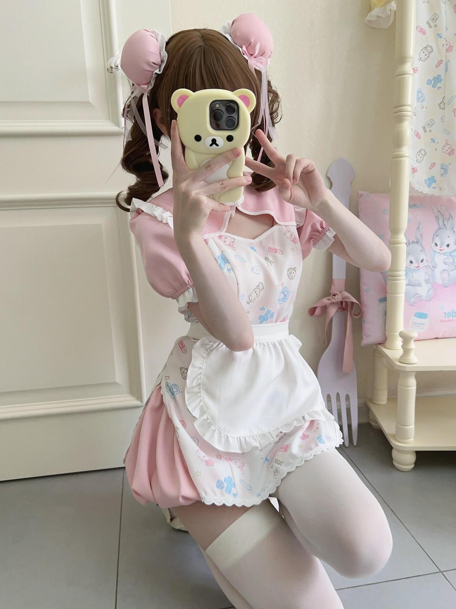 Sugar Girl Cute Pet Print Cheongsam Apron Set With Ruffle Bloomers Women's Short Sleeve Op