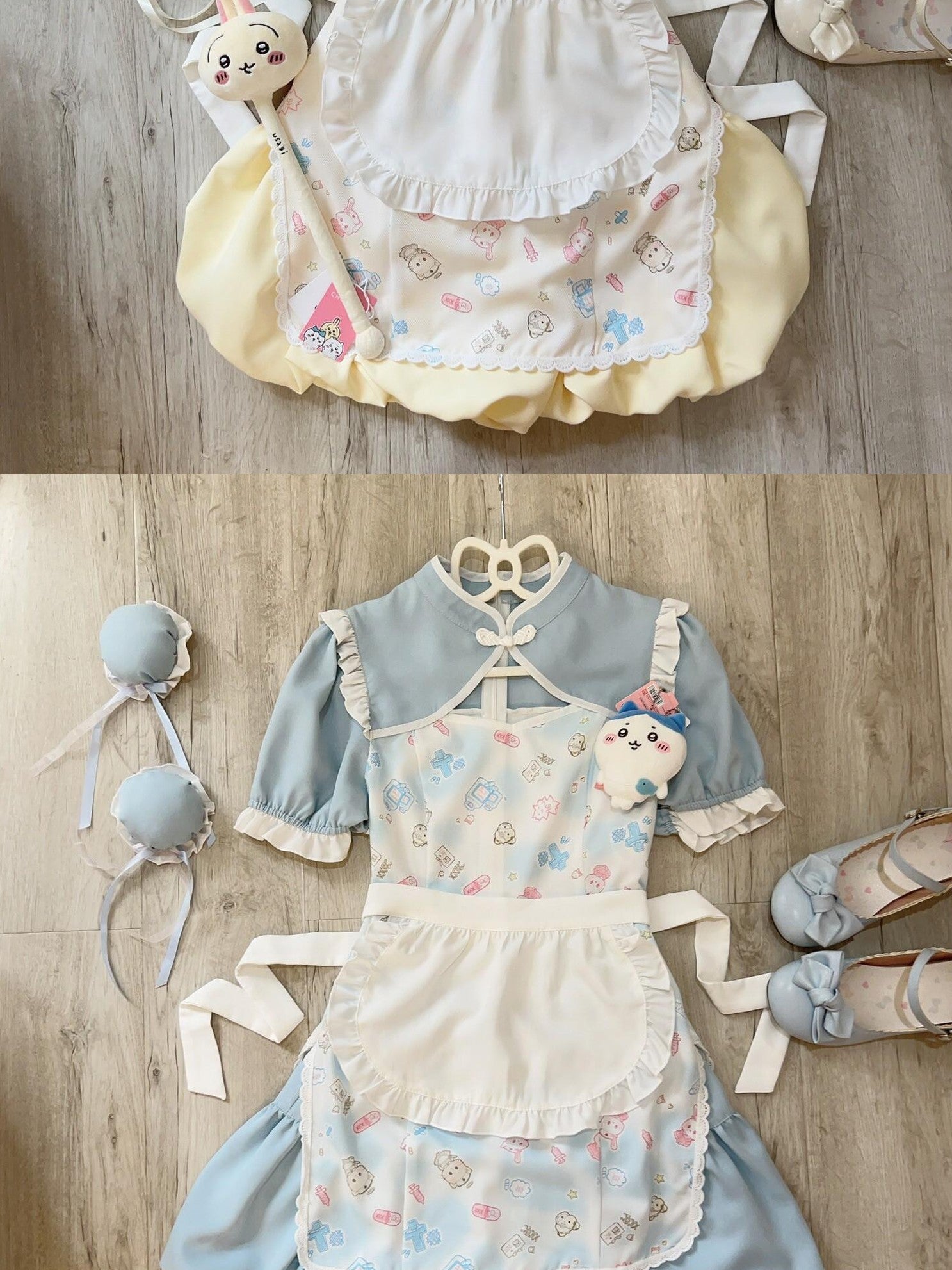Sugar Girl Cute Pet Print Cheongsam Apron Set With Ruffle Bloomers Women's Short Sleeve Op