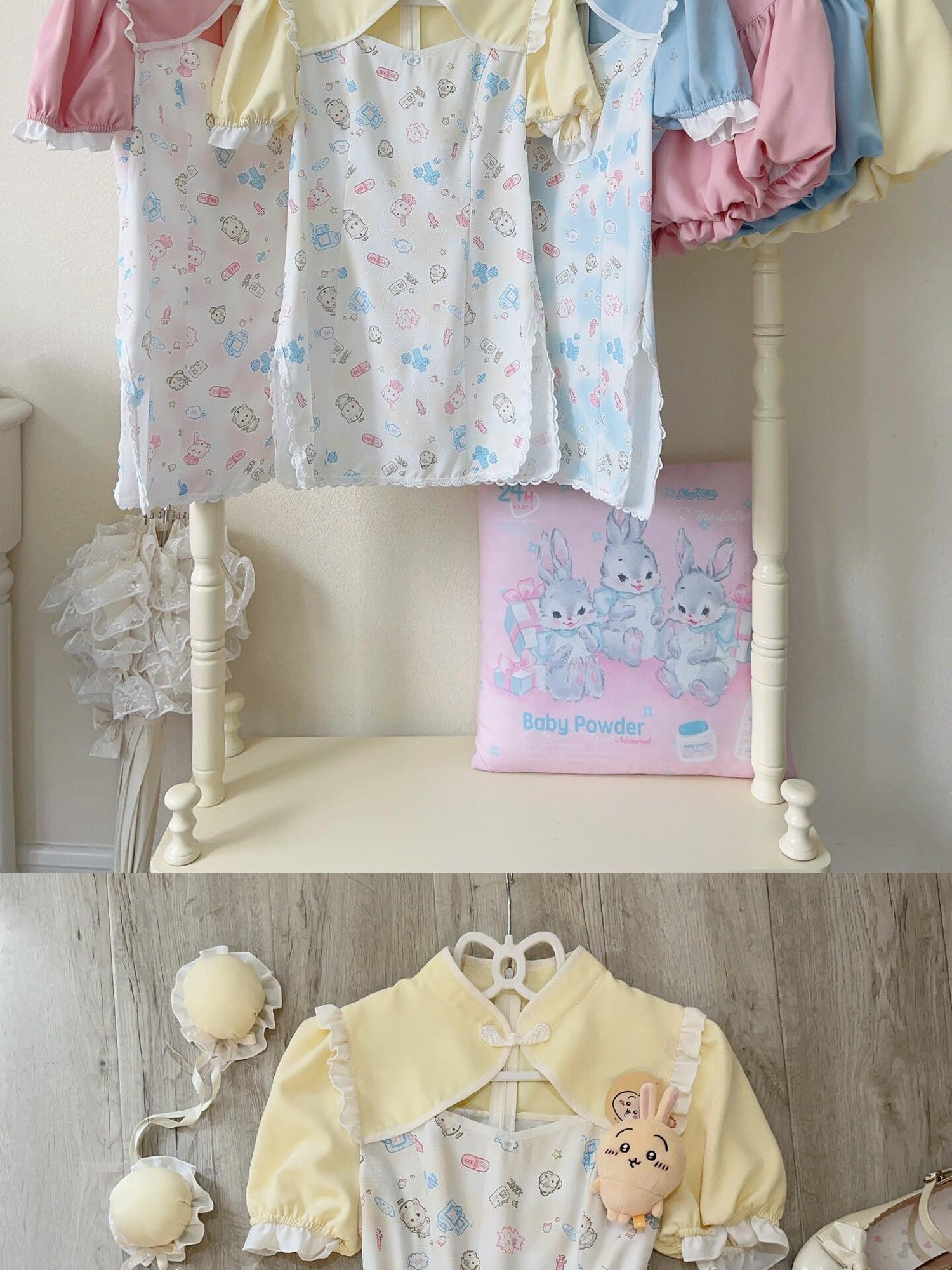 Sugar Girl Cute Pet Print Cheongsam Apron Set With Ruffle Bloomers Women's Short Sleeve Op