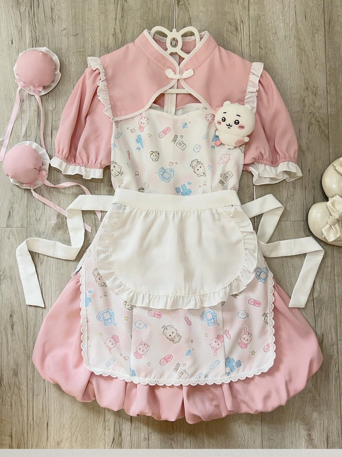 Sugar Girl Cute Pet Print Cheongsam Apron Set With Ruffle Bloomers Women's Short Sleeve Op