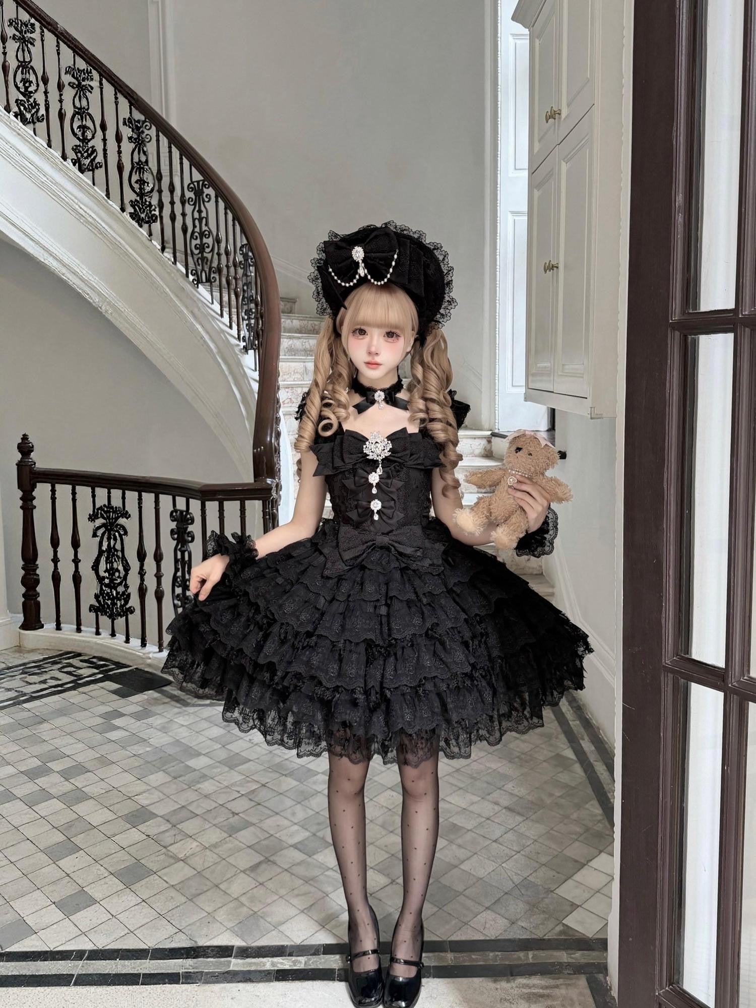 Sugar Girl Floral Off Shoulder Puff Skirt Back Bow Lolita Women's Jsk / Jumper Skirts