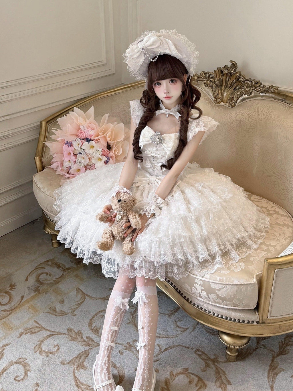 Sugar Girl Floral Off Shoulder Puff Skirt Back Bow Lolita Women's Jsk / Jumper Skirts
