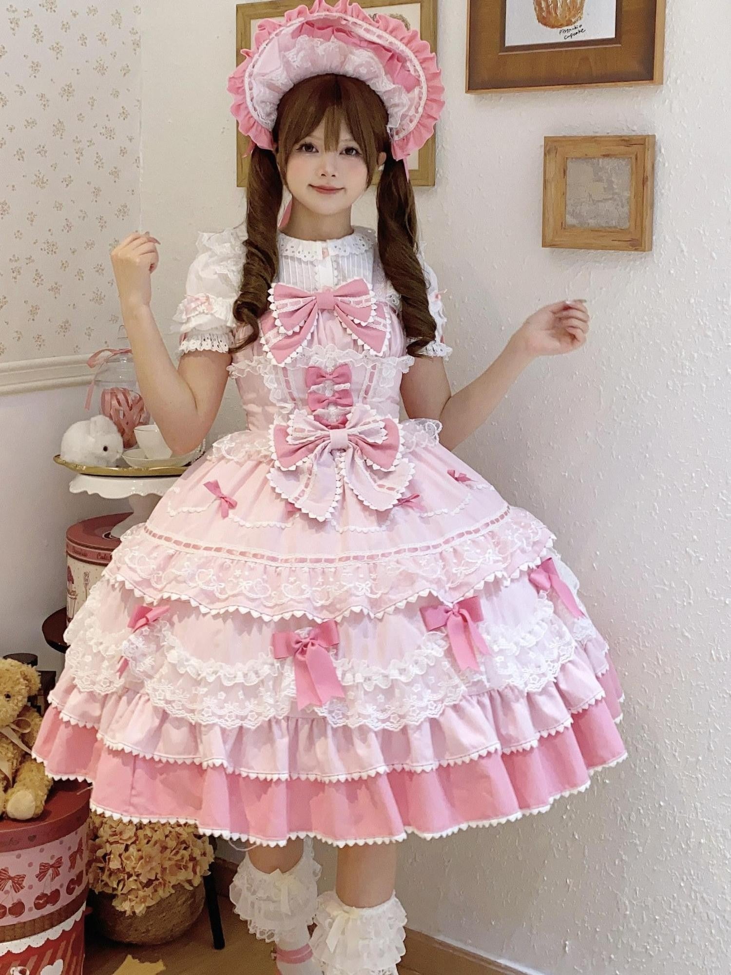 Sugar Girl Fondant Cake Print Back Bow Lolita A Line Strap Women's Jsk / Jumper Skirts