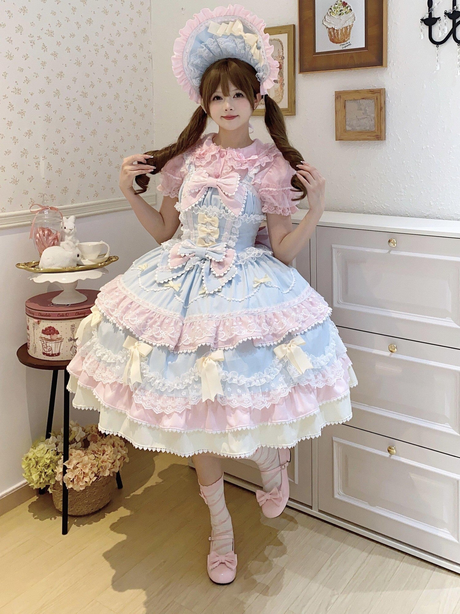 Sugar Girl Fondant Cake Print Back Bow Lolita A Line Strap Women's Jsk / Jumper Skirts