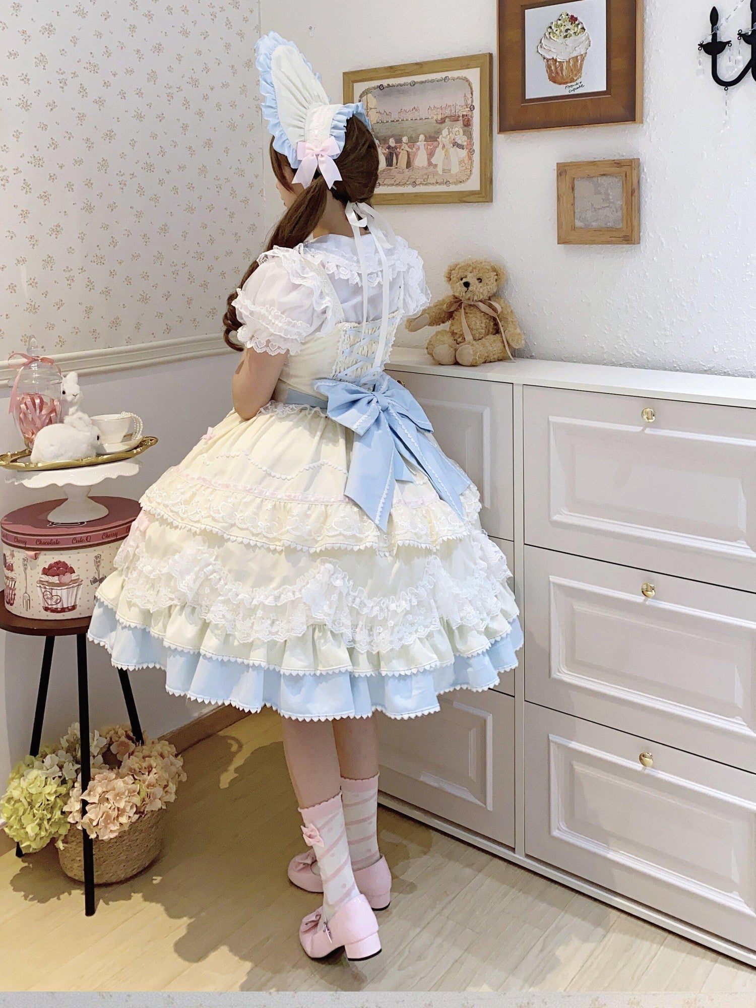 Sugar Girl Fondant Cake Print Back Bow Lolita A Line Strap Women's Jsk / Jumper Skirts