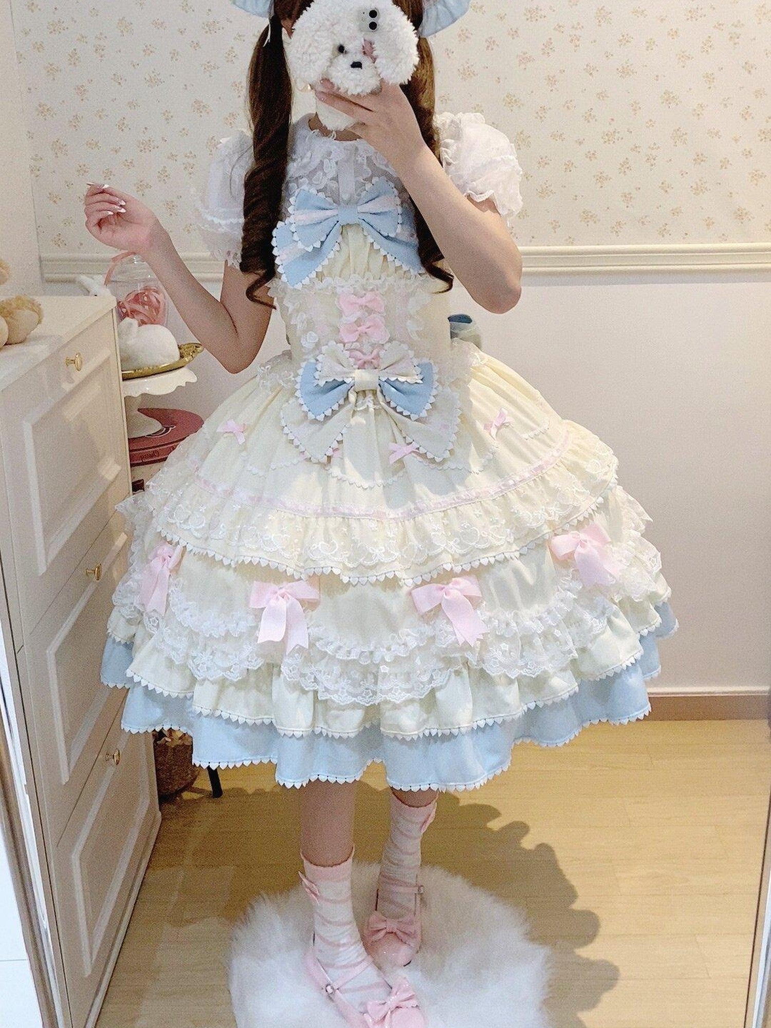 Sugar Girl Fondant Cake Print Back Bow Lolita A Line Strap Women's Jsk / Jumper Skirts