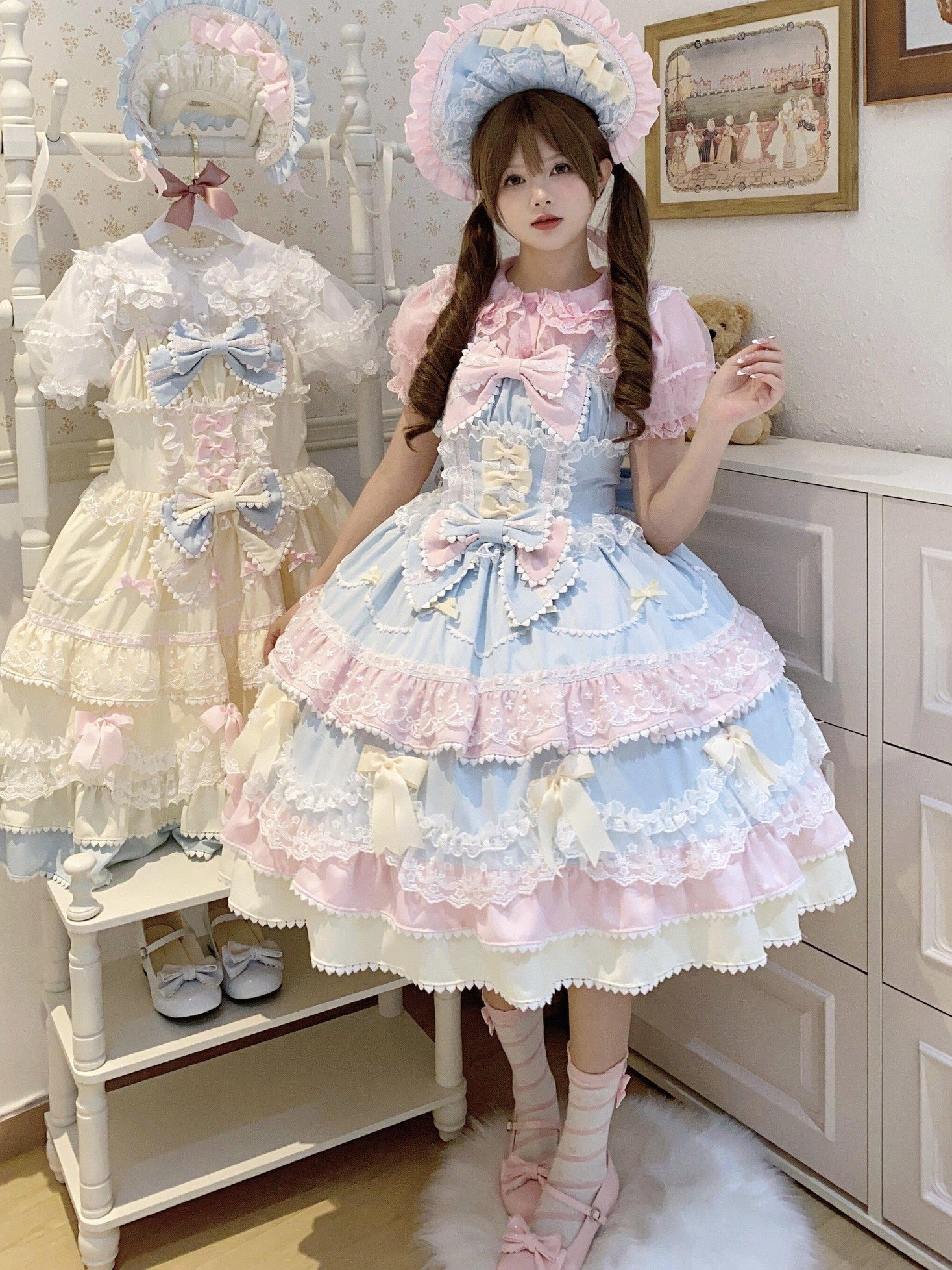 Sugar Girl Fondant Cake Print Back Bow Strappy Lolita Women's Jsk / Jumper Skirts